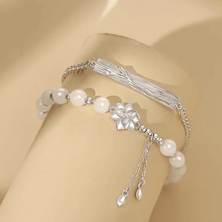 New Chinese Ins Style handmade resin beaded bracelet with camellia, lotus and peach blossom details for couples