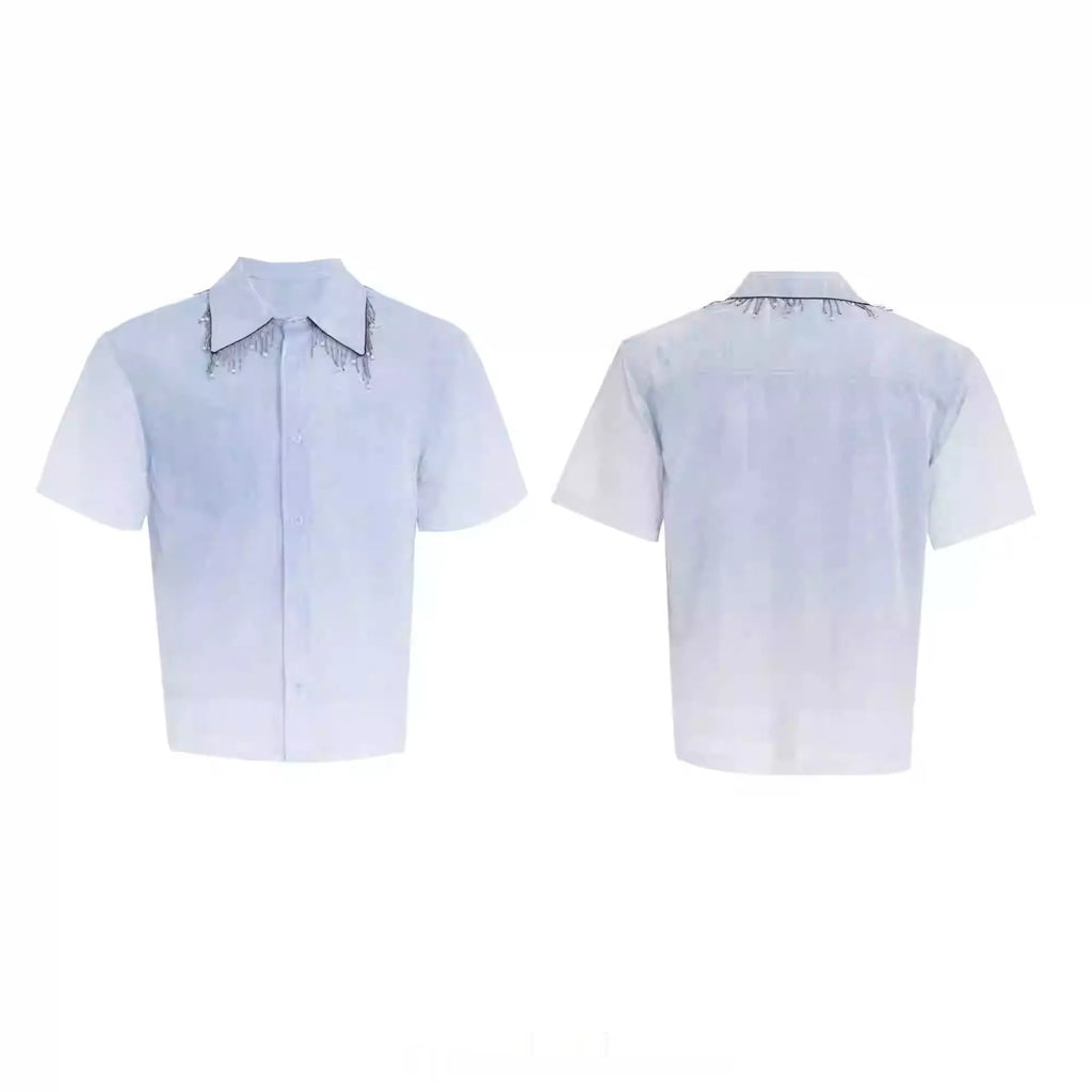 Men's loose blue and white gradient short sleeve casual shirt