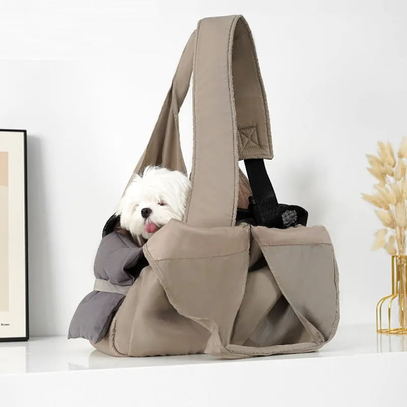Apricot coloured cloth pet carrier handbag with shoulder strap for dogs and cats