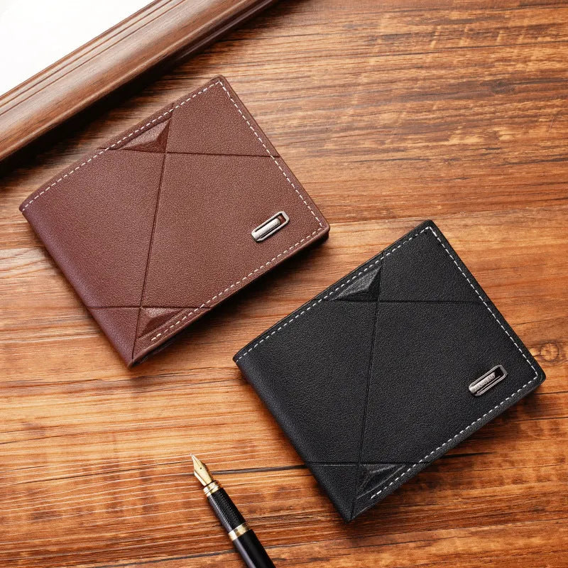 Men's thin black three-fold horizontal leather wallet showing multiple card slots.
