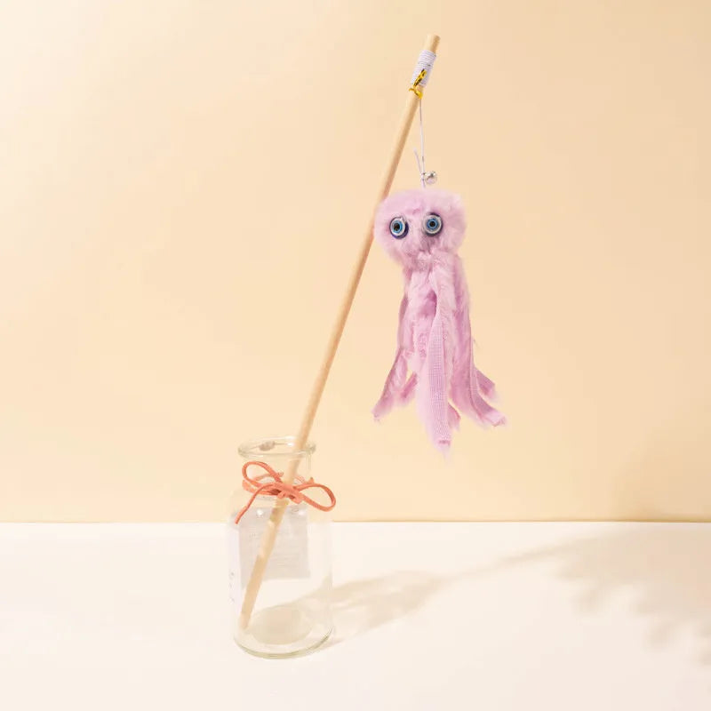 Octopus cat toy with long stick in grey, pink, purple or red colours for indoor kittens