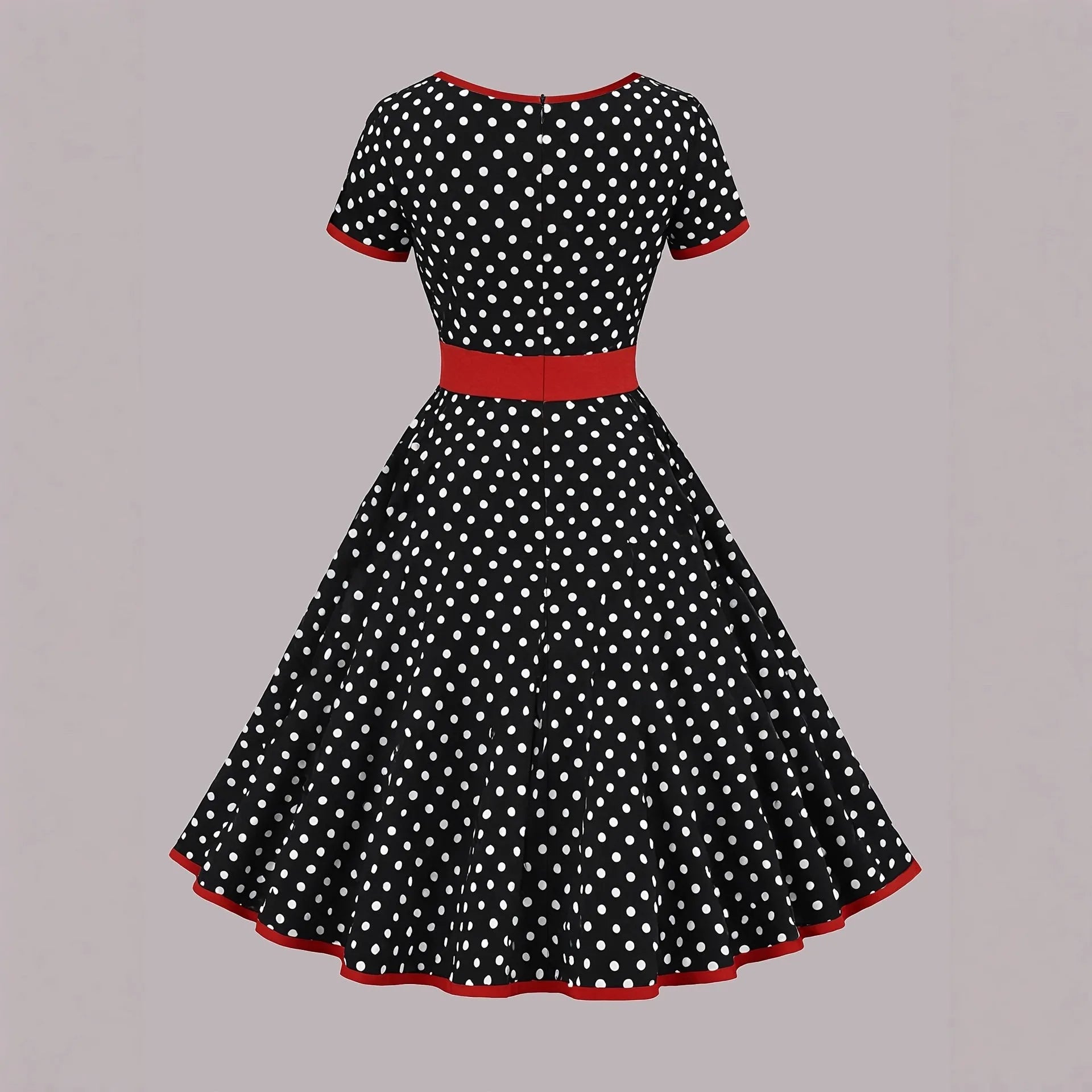 Multicolour polka dot dress with a square collar, short sleeves, front zipper, and pleated skirt.