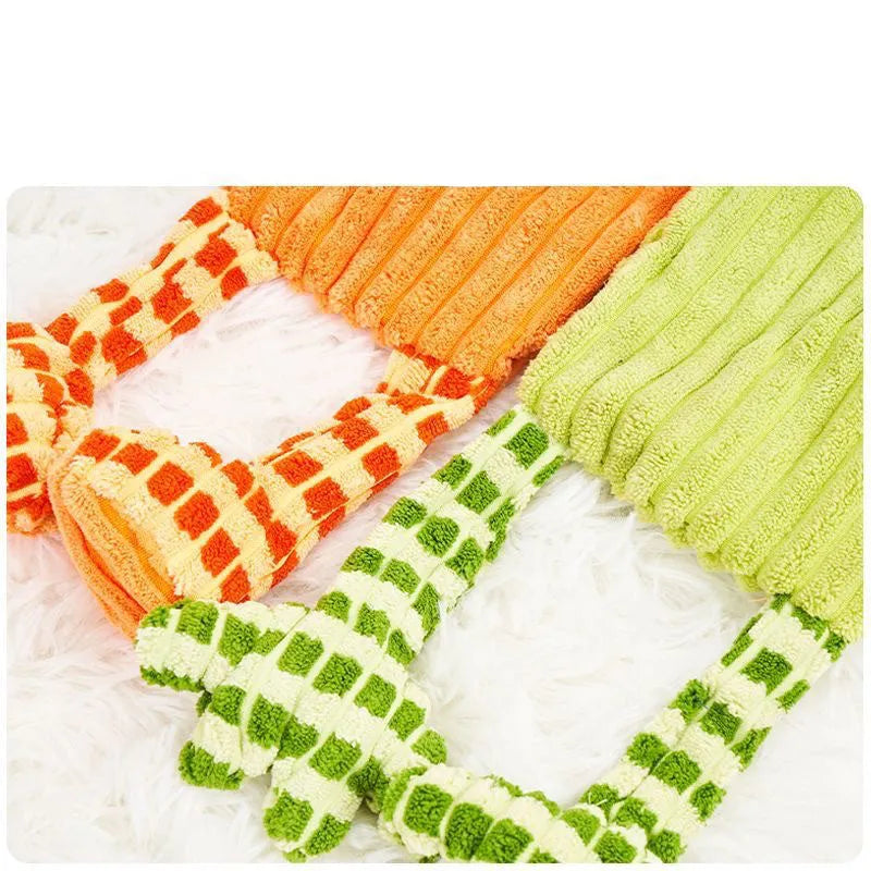 Immortal Squeaker plush dog toy for aggressive chewers in orange or green colour
