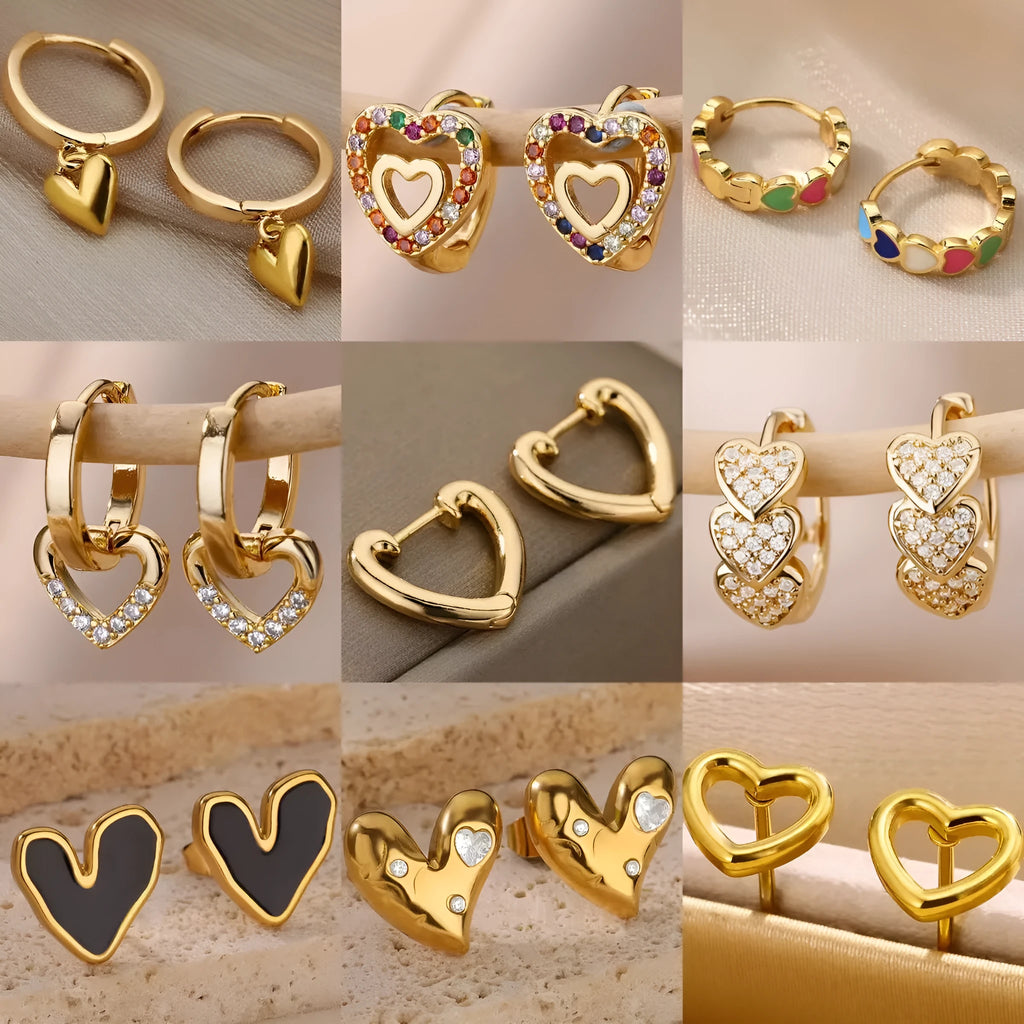 Heart-shaped stainless steel stud earrings with zirconia crystals and love theme for women