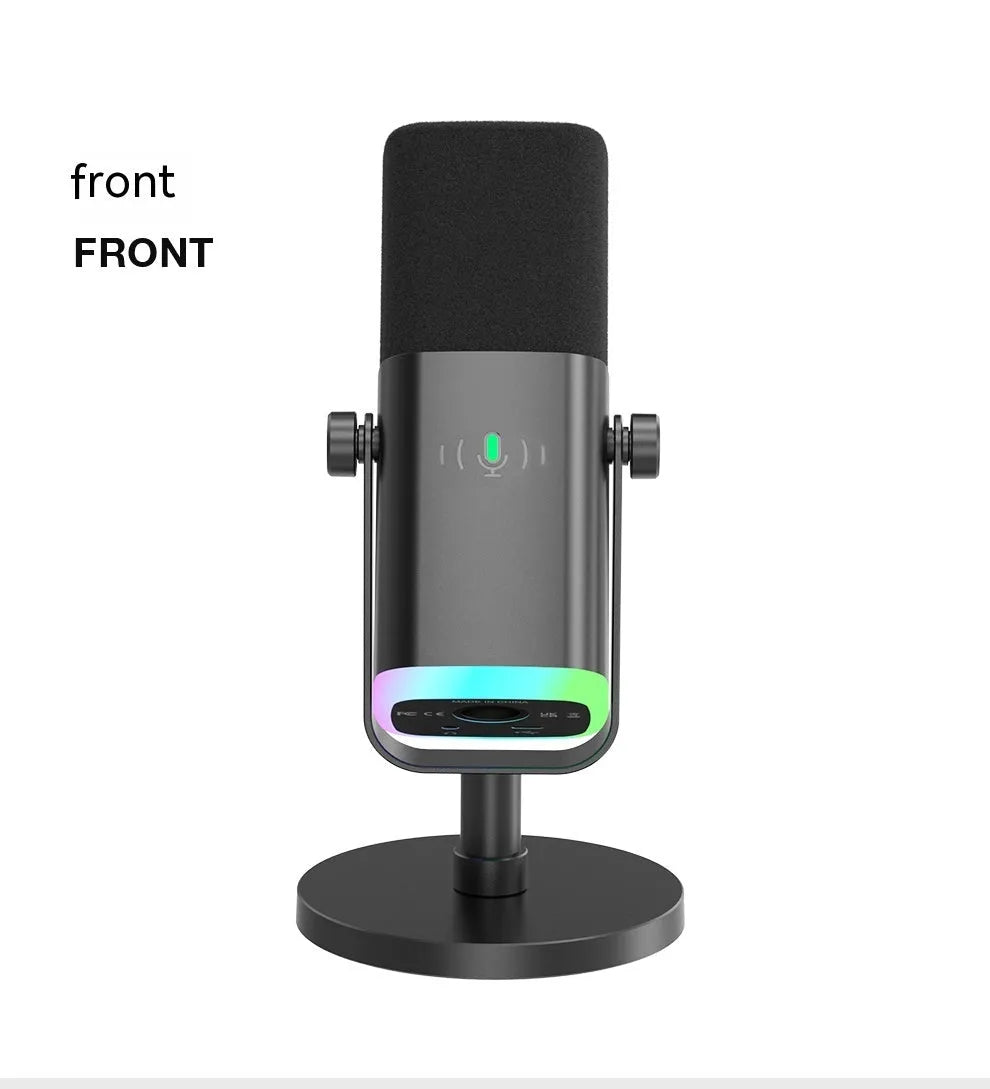 Dynamic noise reduction microphone in black with white shock mount bracket and included XLR and USB cables