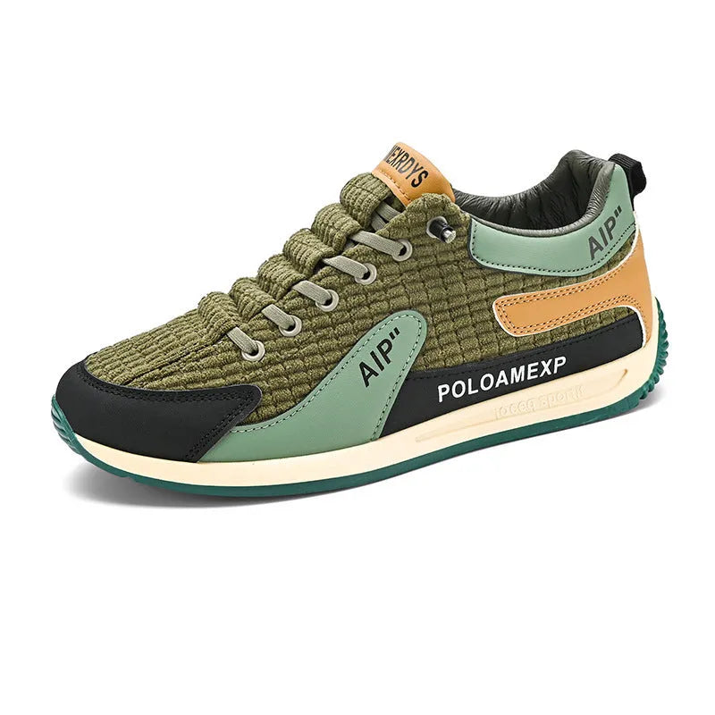 Men's green and grey mesh running shoes with lace-up front and viscose sole