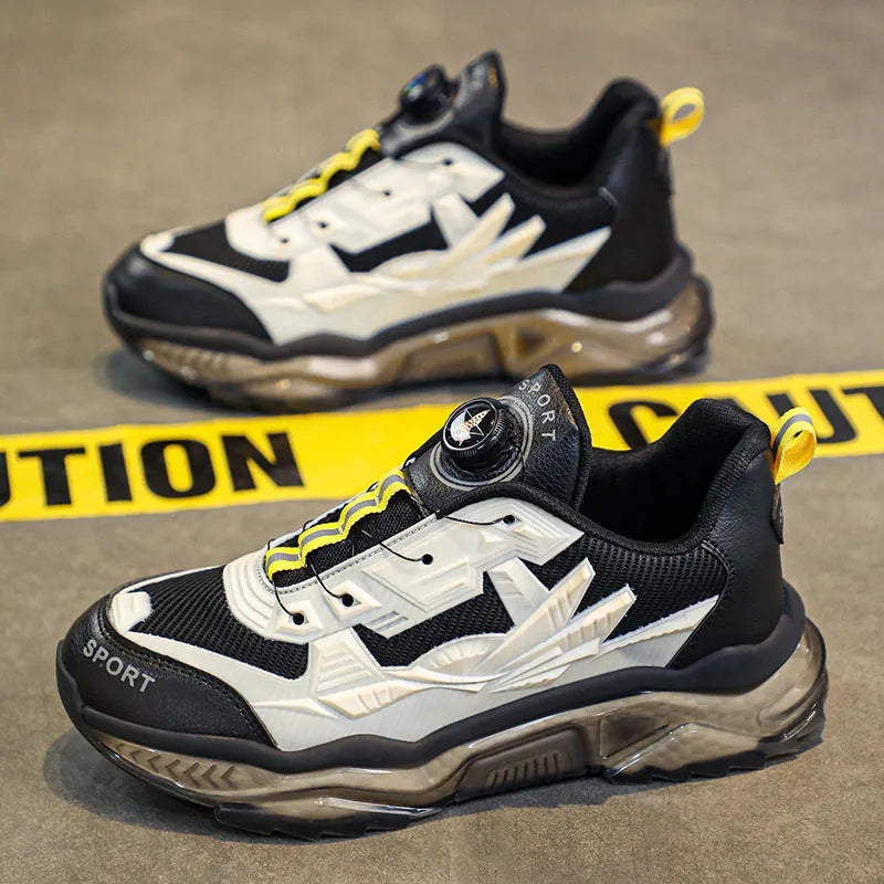 Men's black rotating button casual dad shoes with mesh upper and platform sole