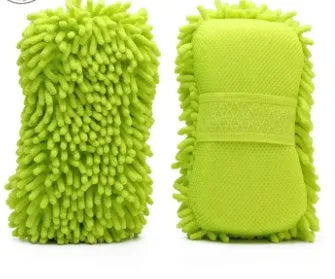 Silvery green chenille microfiber car wash sponge on a car bonnet.