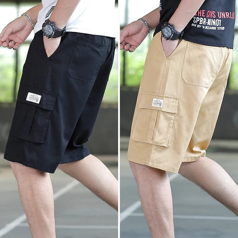 Men's loose Korean-style trousers in black, khaki, army green, and camouflage colours.