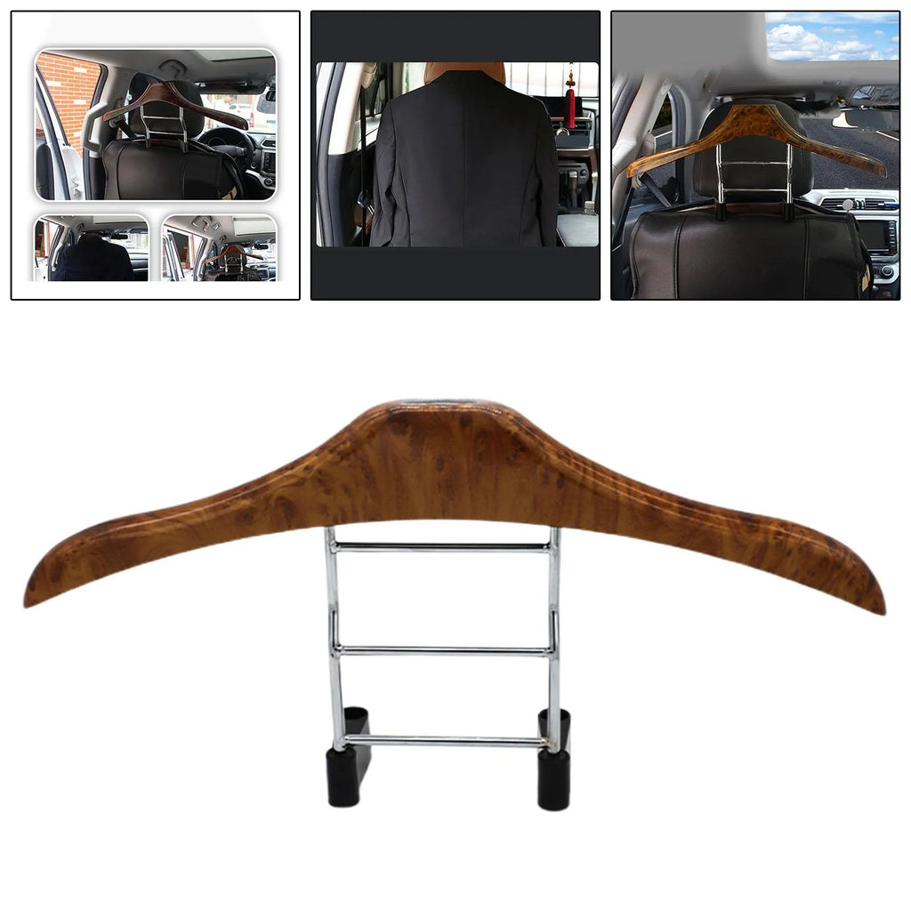 Wood yellow stainless steel car mounted clothes hanger with detachable hook for suits and shirts.