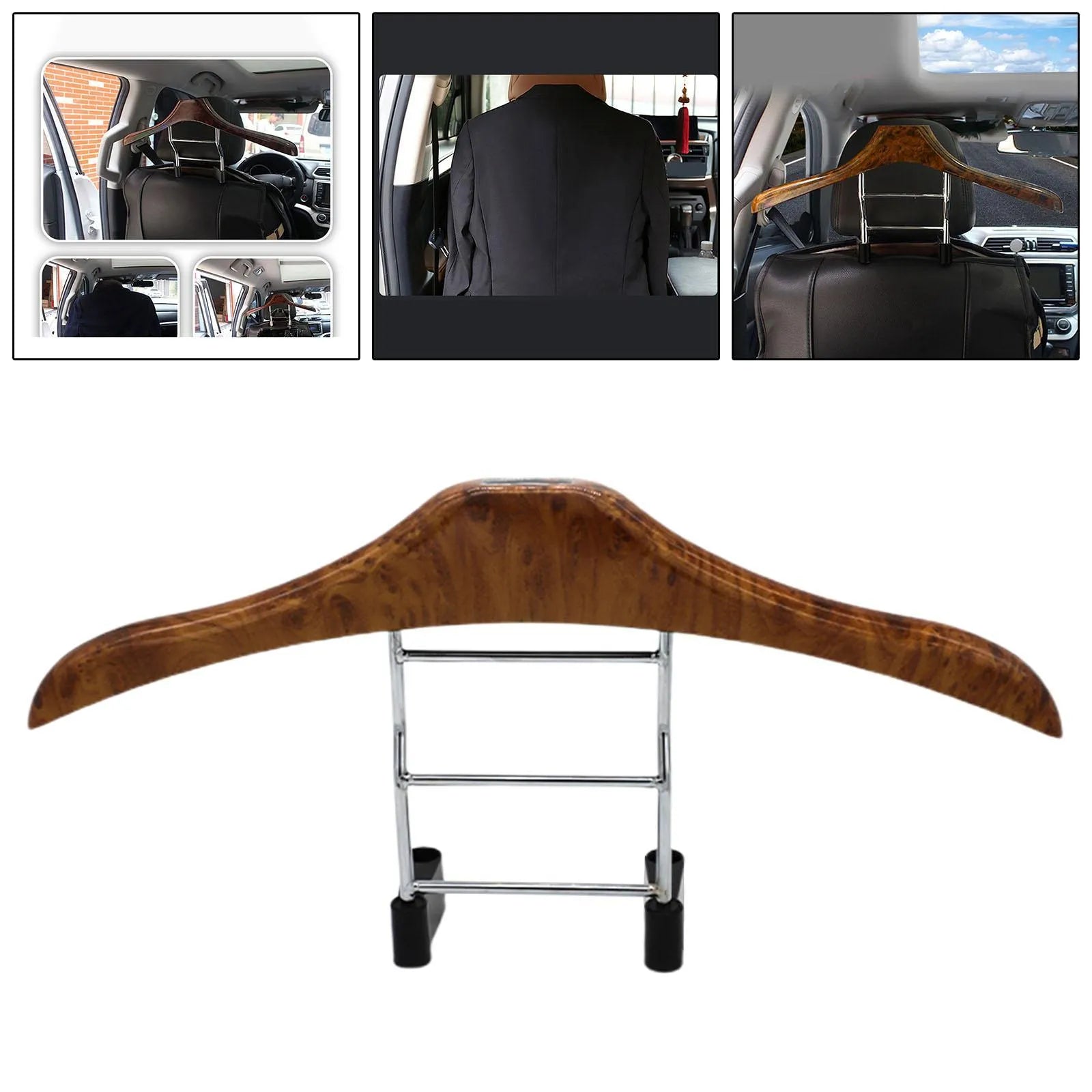 Wood yellow stainless steel car mounted clothes hanger with detachable hook for suits and shirts.