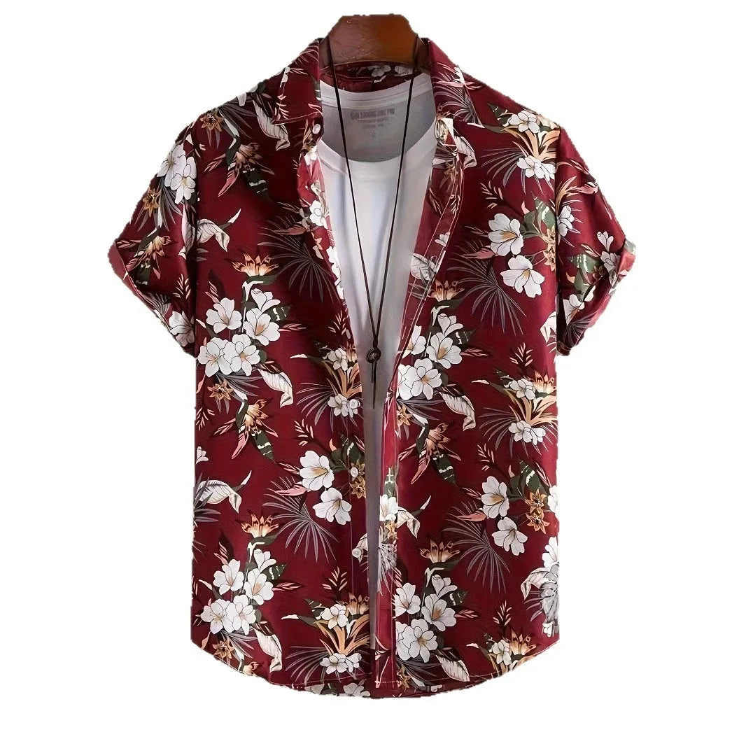 Man wearing a loose-fit floral print short sleeve shirt in a cardigan style.