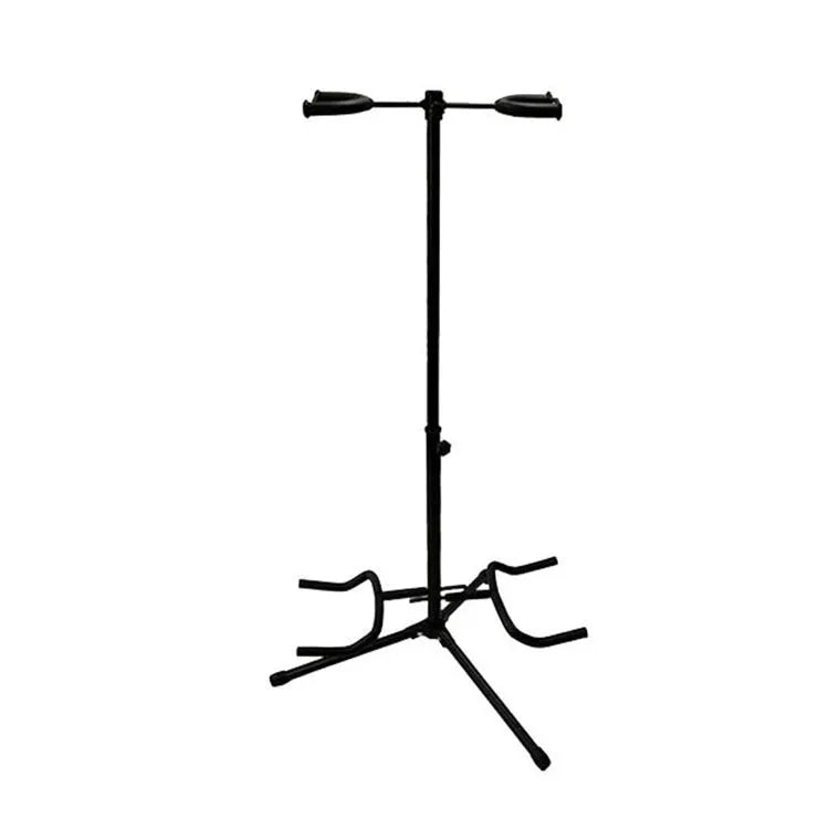 Black vertical double-headed adjustable guitar wall mount stand holding two guitars