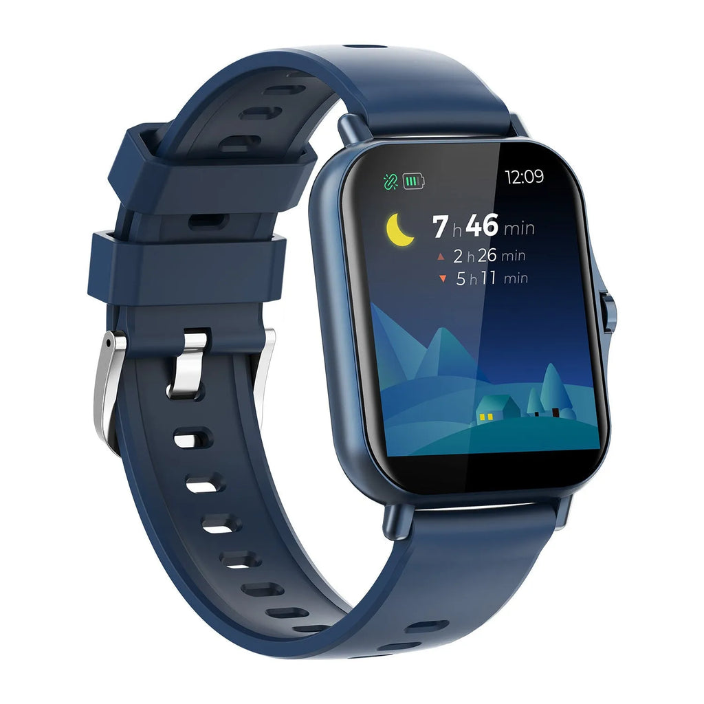 Smart watch on wrist showing heart rate and blood pressure display on its curved touch screen.