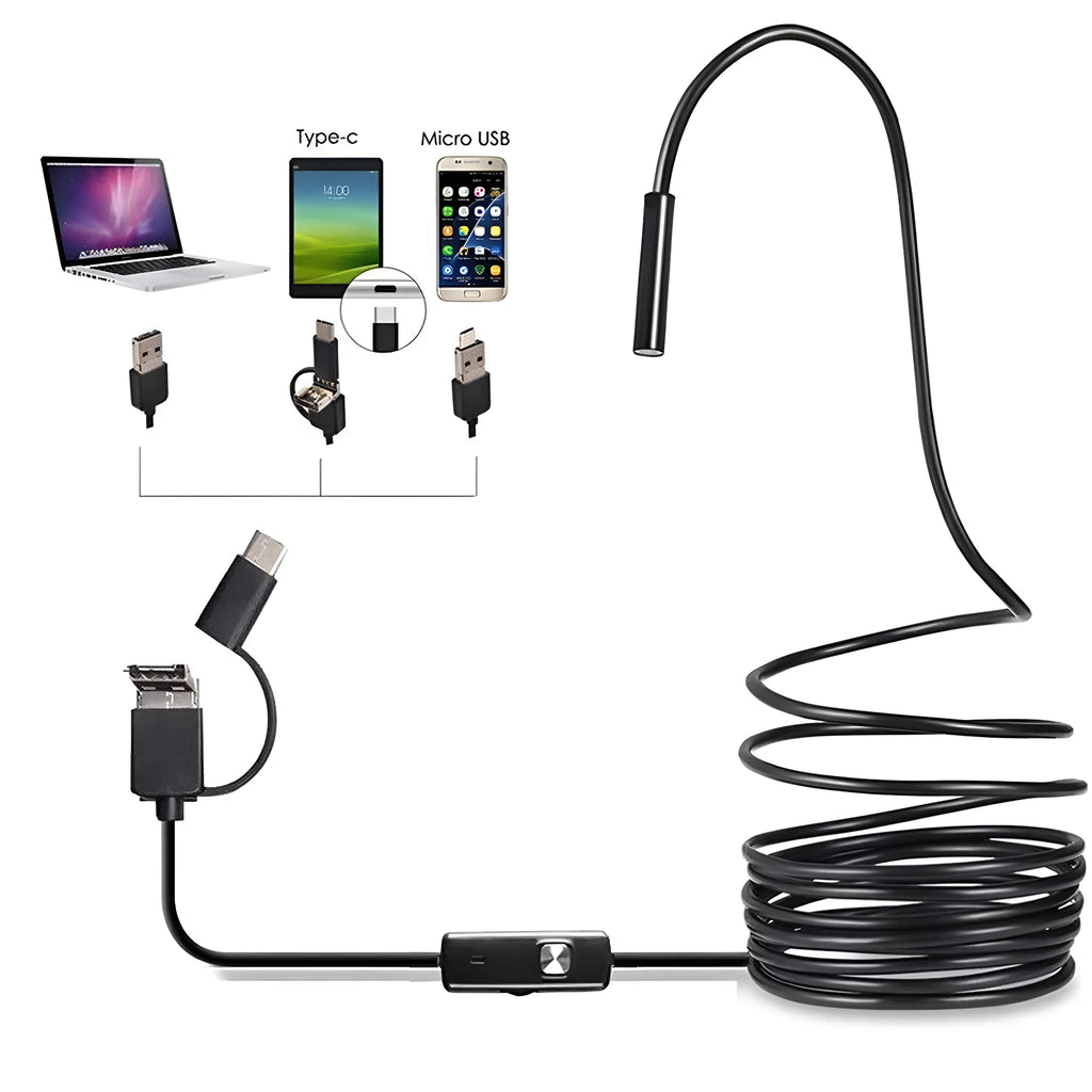 USB endoscope kit with waterproof camera, flexible cable, magnet, hook, and side mirror for Android and PC.