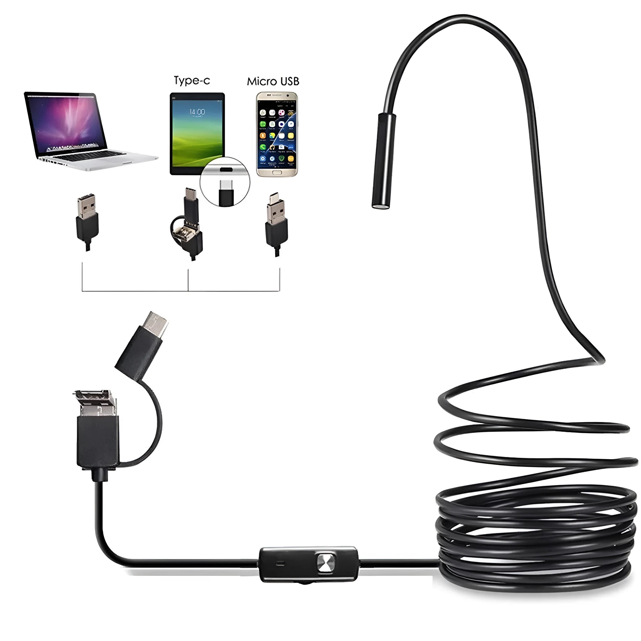 USB endoscope kit with waterproof camera, flexible cable, magnet, hook, and side mirror for Android and PC.