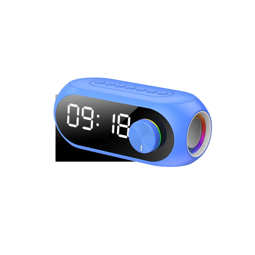 S8 mini portable speaker with extra bass and clock display in black, white, or blue colour