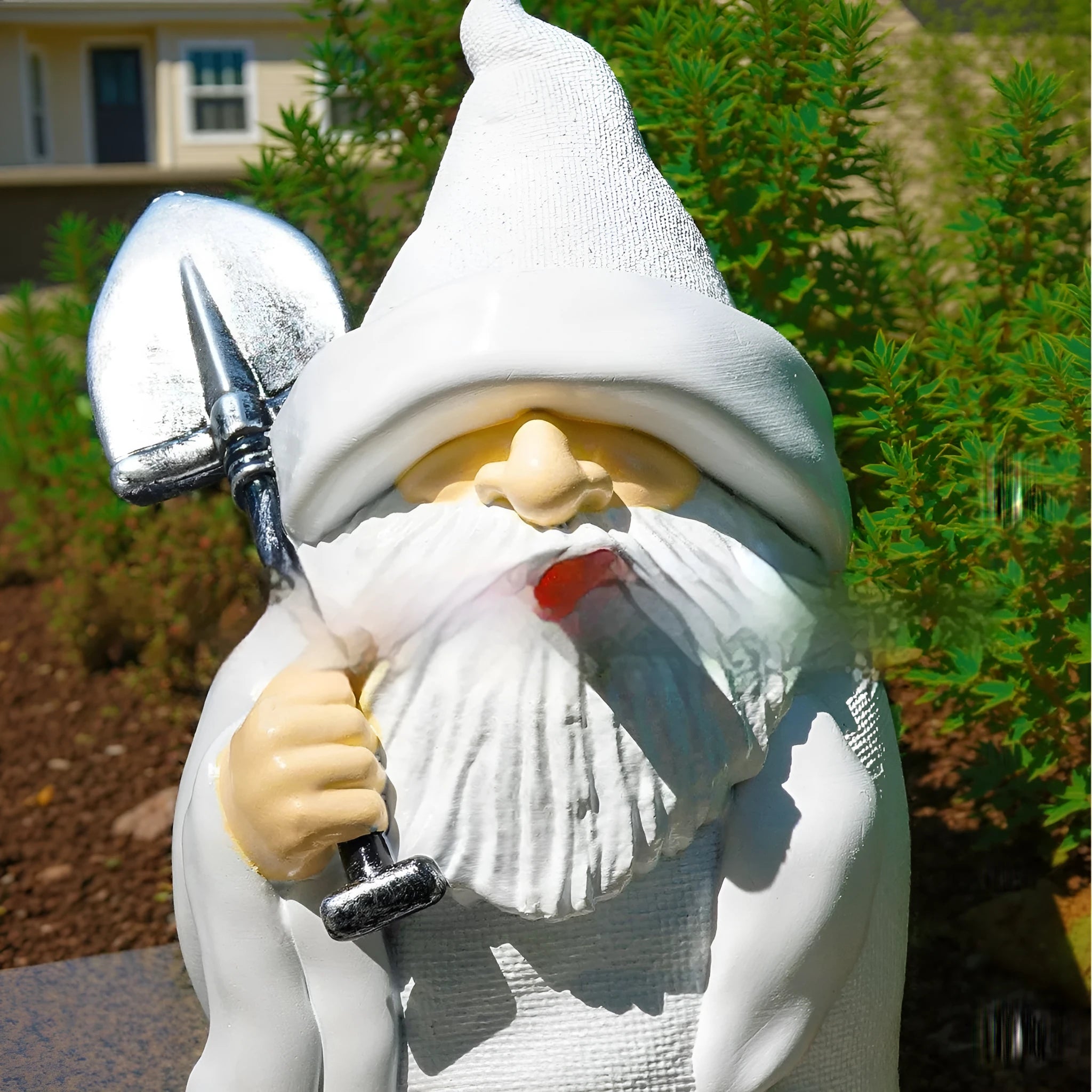 Christmas resin ornament featuring pipe dwarf character with smoking shovel for garden or indoor holiday decoration