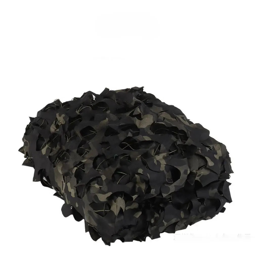 Green and brown camouflage pattern netting draped to create sunshade and visual cover.