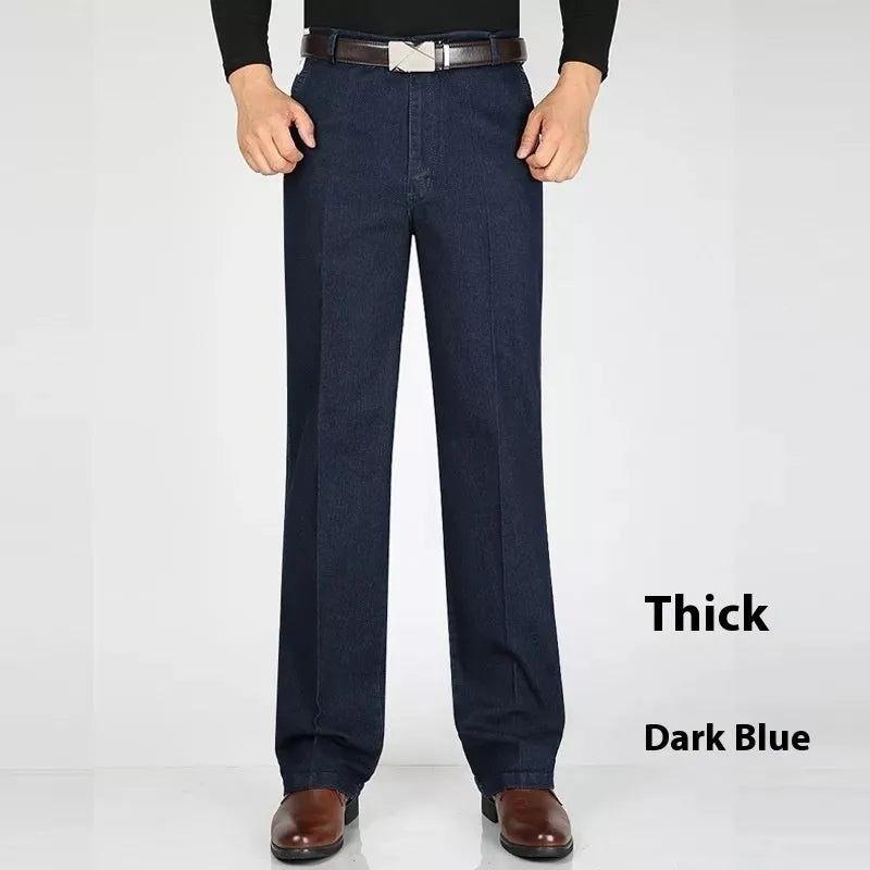 Men's high-waist loose-fit blue denim jeans with a zip fly, shown in light blue.