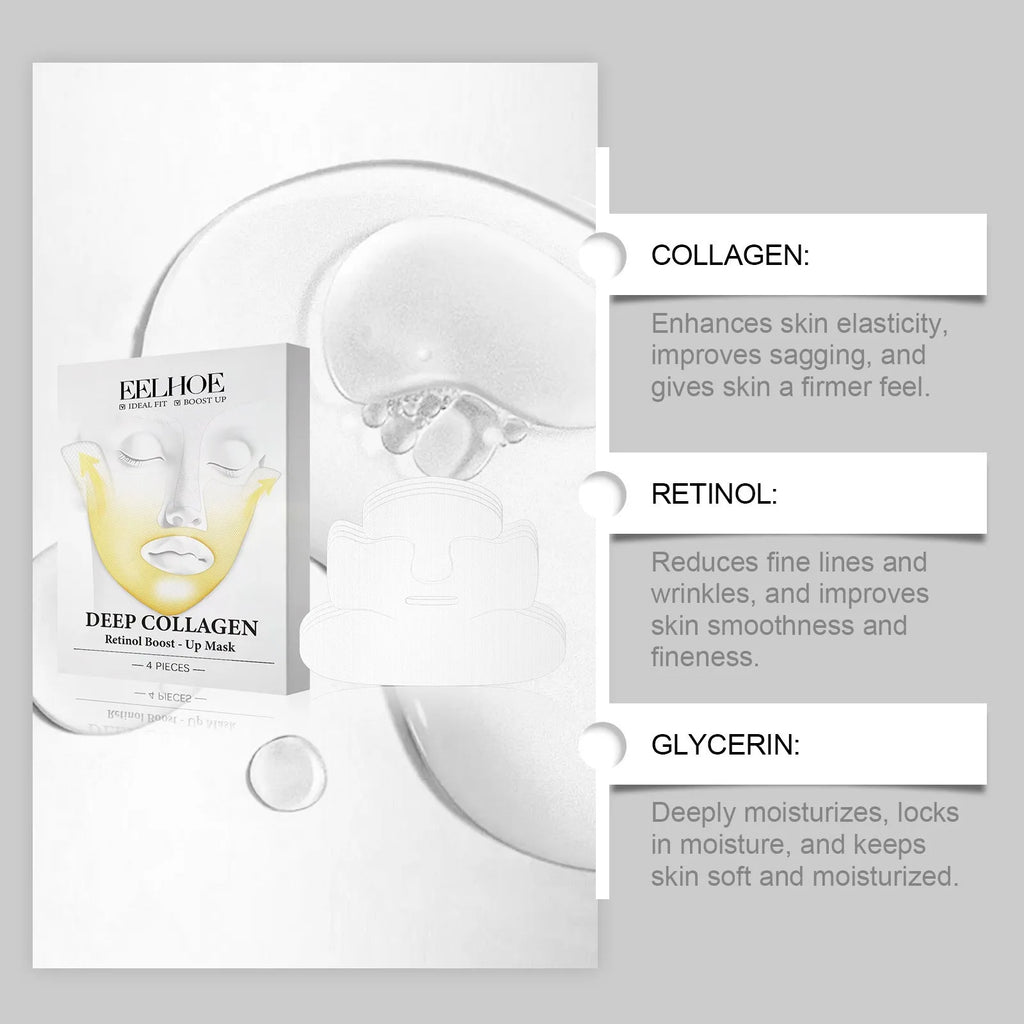 Set of four collagen facial masks for tightening facial care with 23.5cm x 16.8cm dimensions