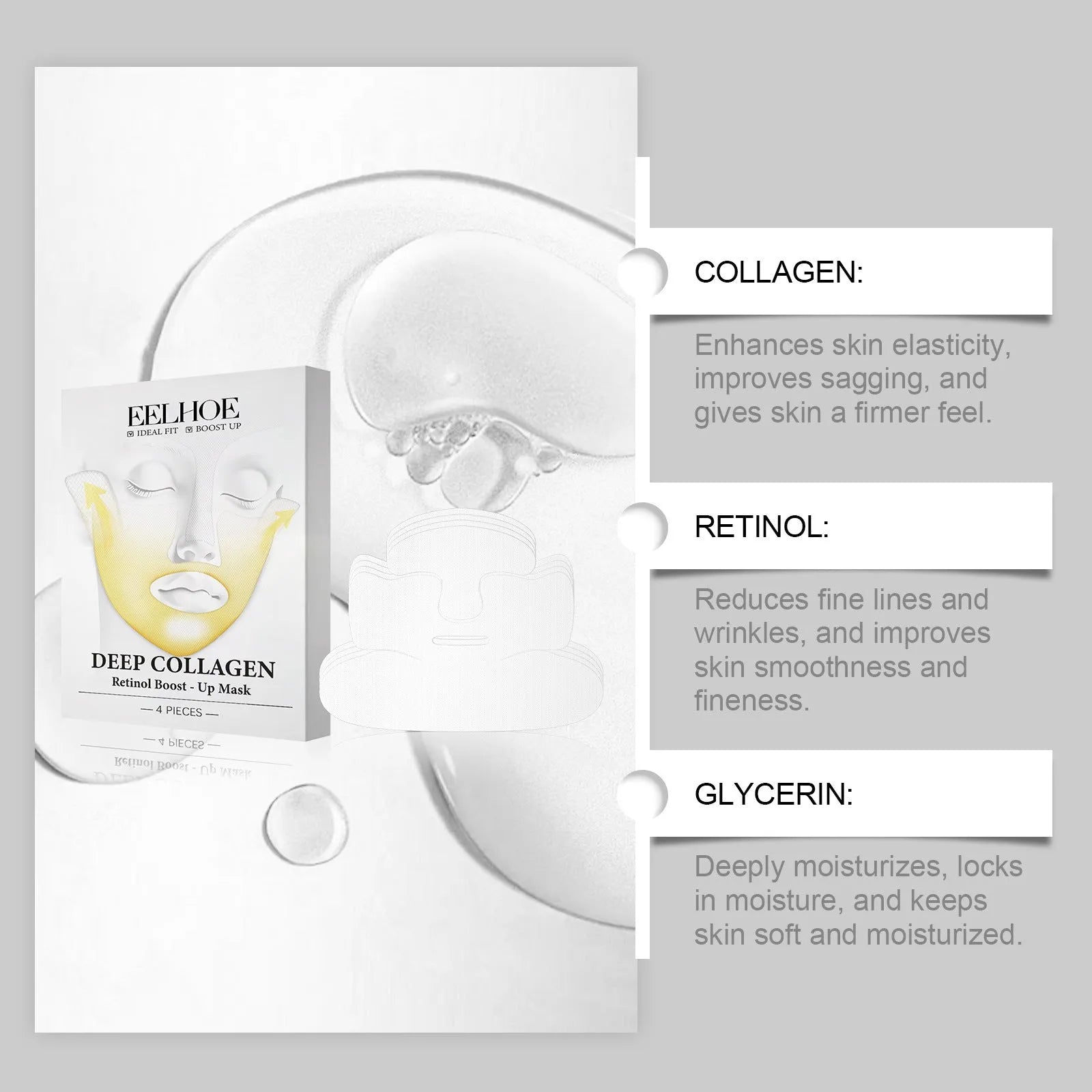 Set of four collagen facial masks for tightening facial care with 23.5cm x 16.8cm dimensions