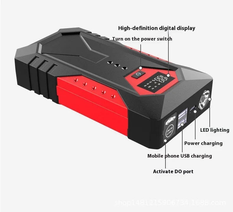 Red 12V car emergency jump starter power bank with battery clamps
