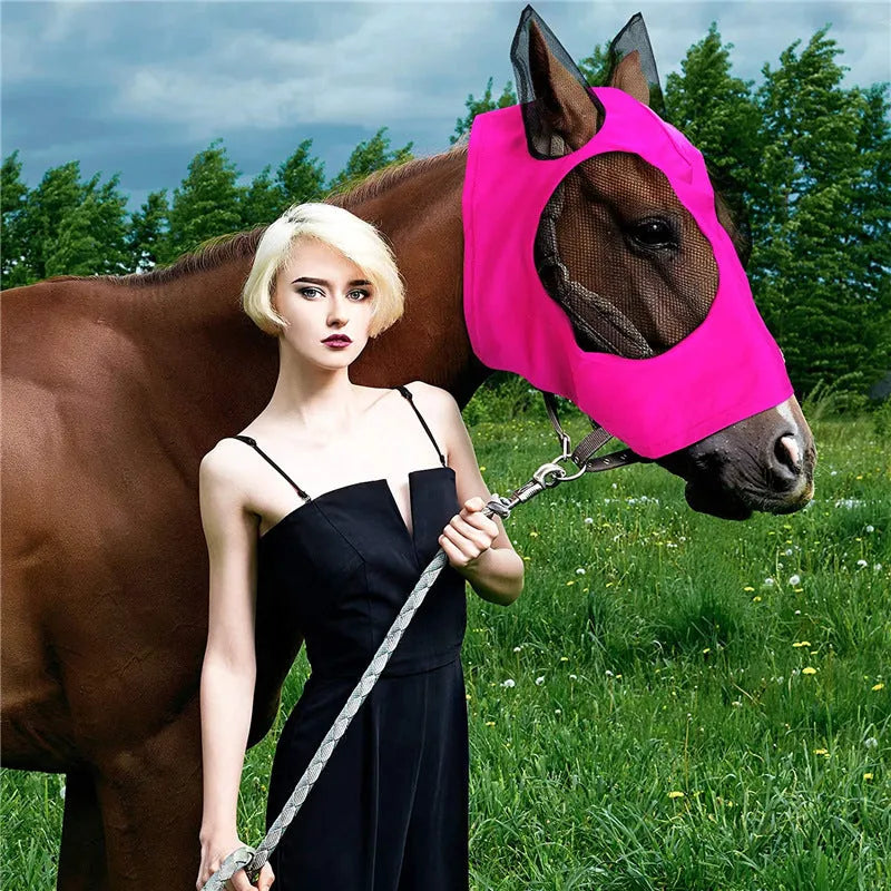 Lycra horse fly mask with ears, check pattern, mesh face, available in blue purple rose red grey black.