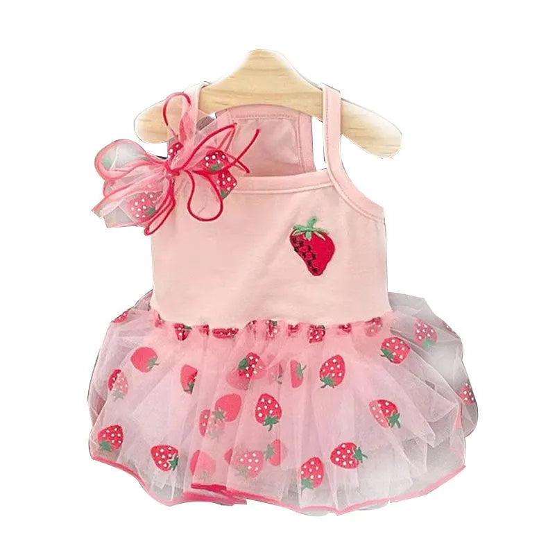 Cute mesh strawberry strap dog dress in pink strawberry colour, sweat cloth material