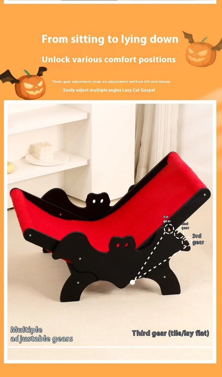 MW-054 wooden cat recliner bed with black and red bat Halloween design.