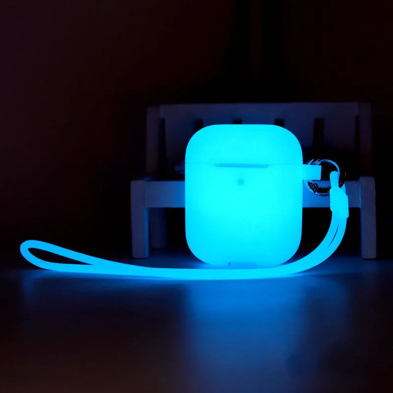Luminous silicone AirPods case with integrated carrying strap in blue colour