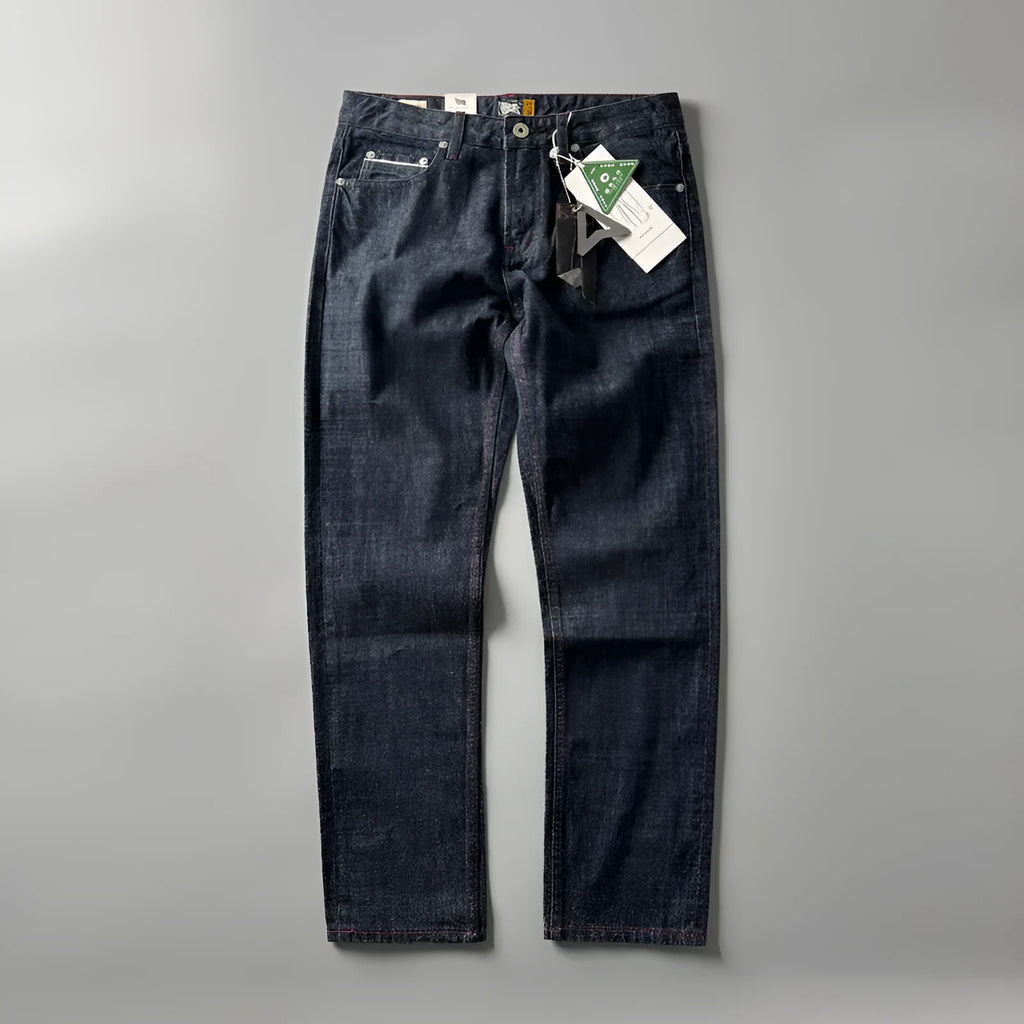 Men's straight leg denim trousers in primary colour with American retro styling and mid-waist fit