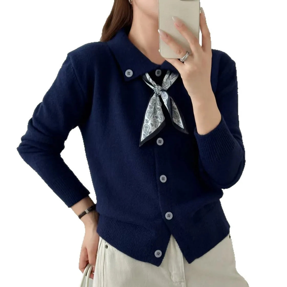 Lapel scarf sweater cardigan in acrylic fibre with regular long sleeves and splicing details