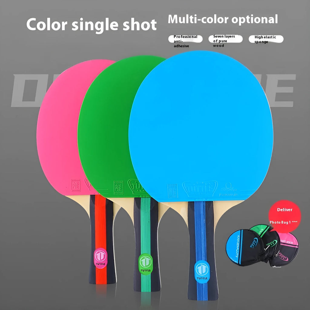 Table tennis racket with protective cover in choice of pink, blue or green colours with long handle shakehand grip