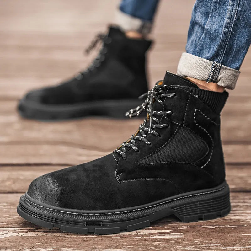 Men's vintage Martin boots in frosted microfiber leather with a round toe and low thick heel.
