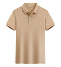 Loose fit cotton blend short sleeve polo shirt showing single-side colour secondary collar lapel detail.