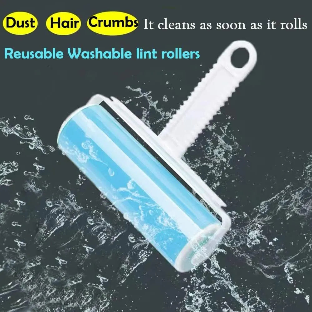 Washable reusable lint roller with cover in blue, green, pink, or yellow colours for pet hair removal