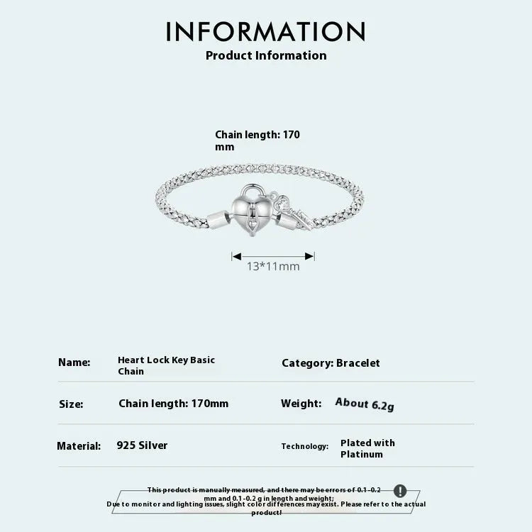 925 silver heart lock key base bracelet in affordable luxury style with electroplating finish, 17cm or 19cm