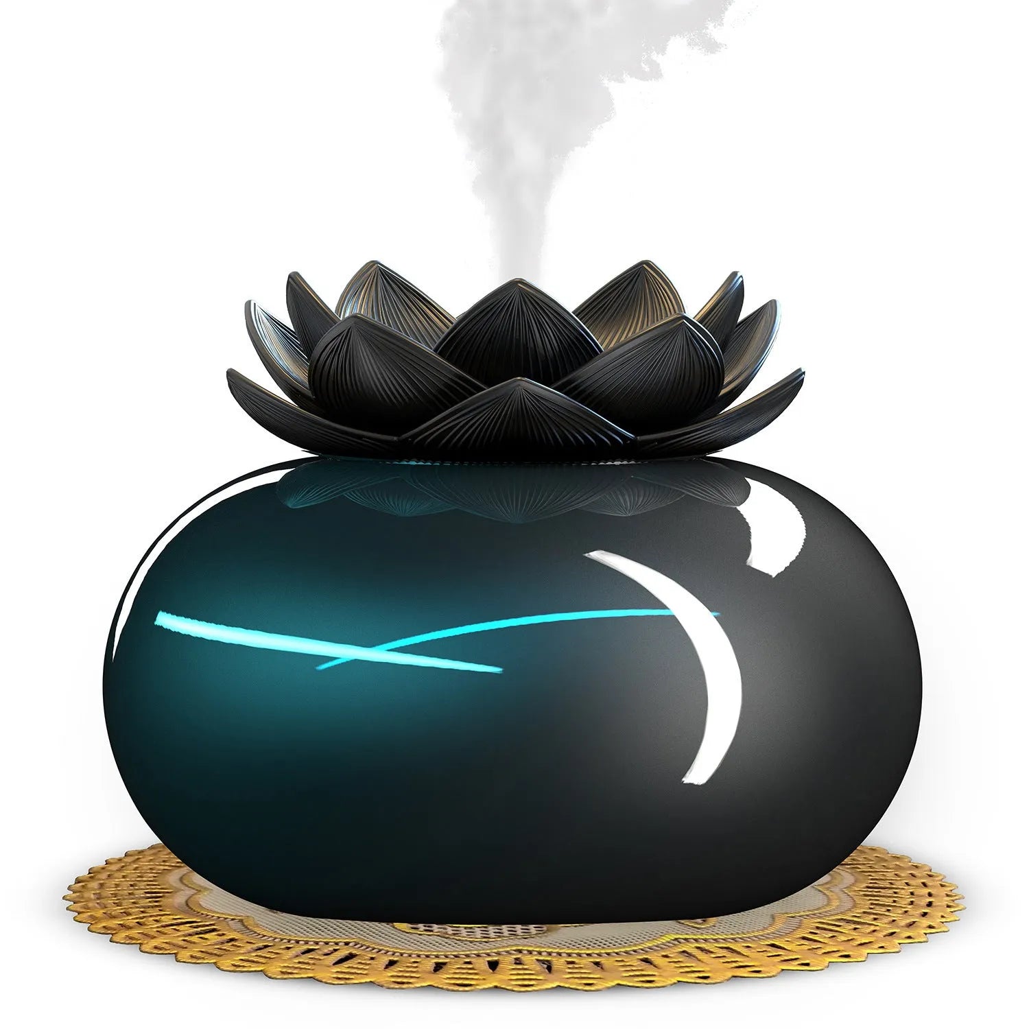Pure black lotus-shaped ultrasonic humidifier with USB cable connection