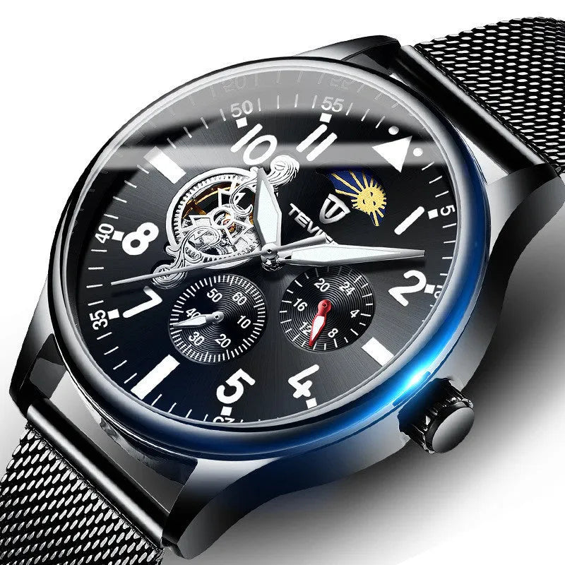 Black men's mechanical watch with moon phase display and luminous hands on 41mm alloy case