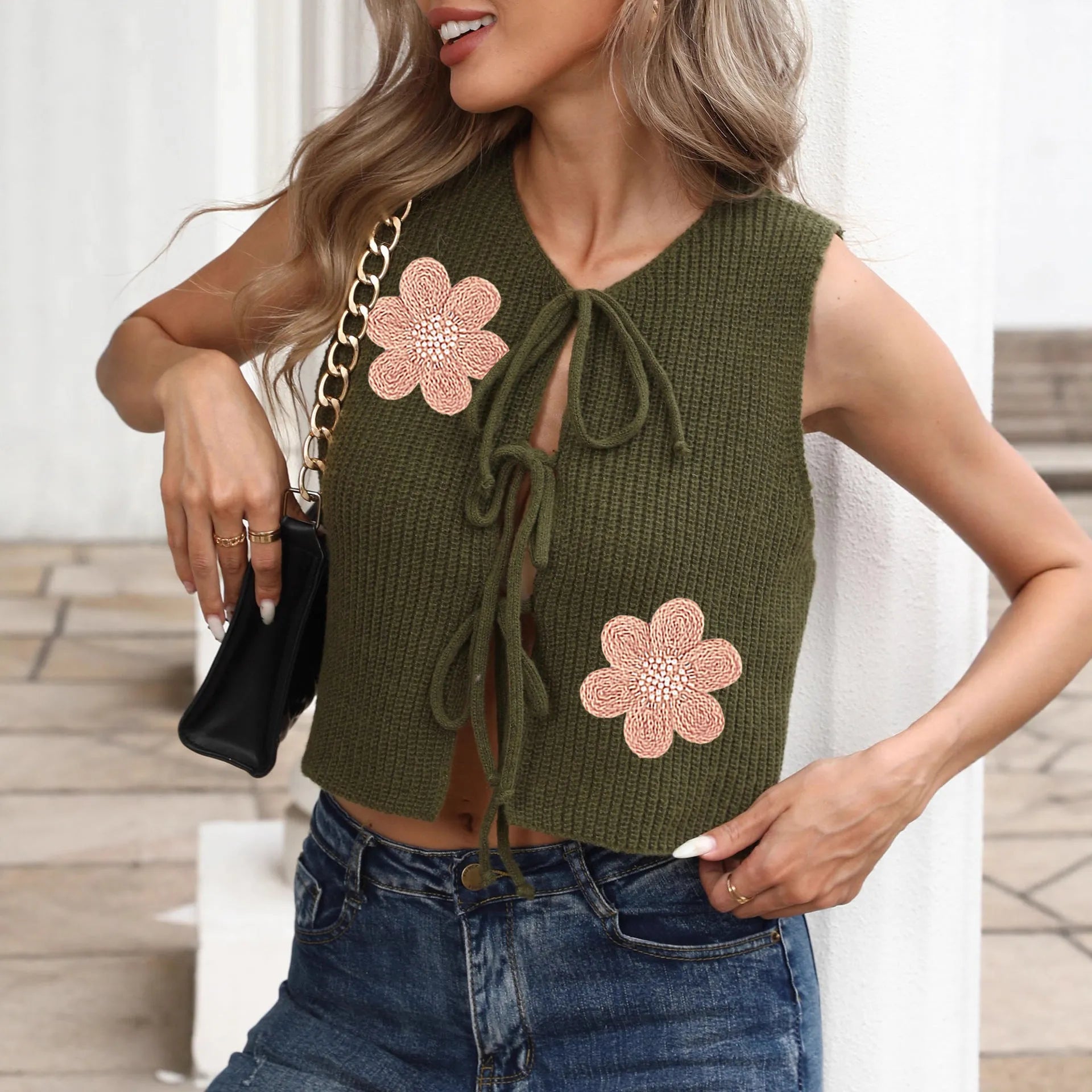 Women's sleeveless vest cardigan with lace-up bow detail in deer plush polyester fabric