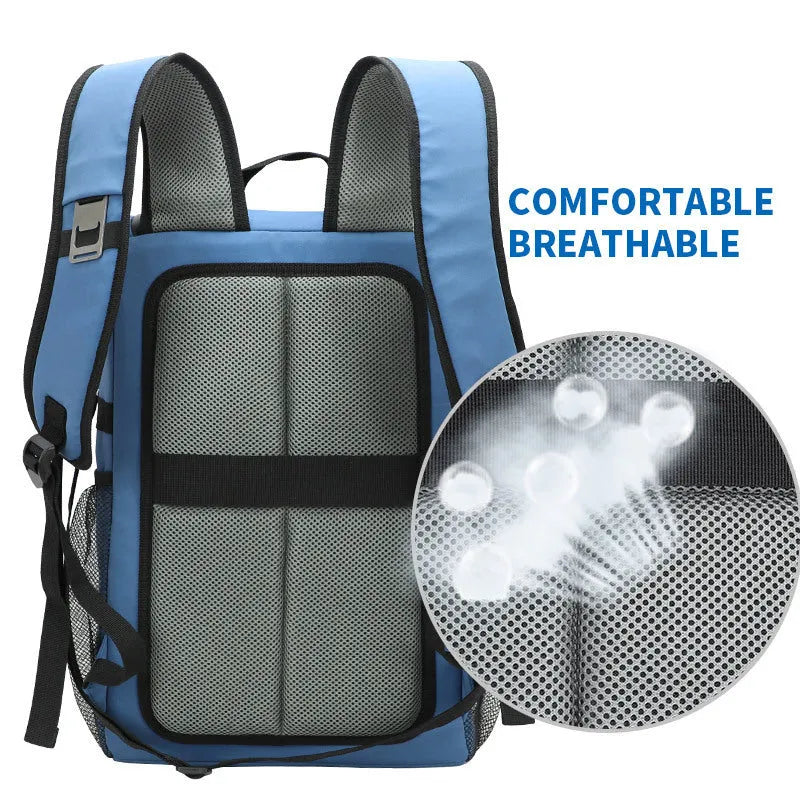 Insulated 20 litre backpack with a shoulder strap mounted bottle opener in black, blue, pink, or red.