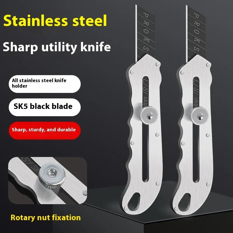 Stainless steel folding art knife with black blade and trapezoidal cutting blades