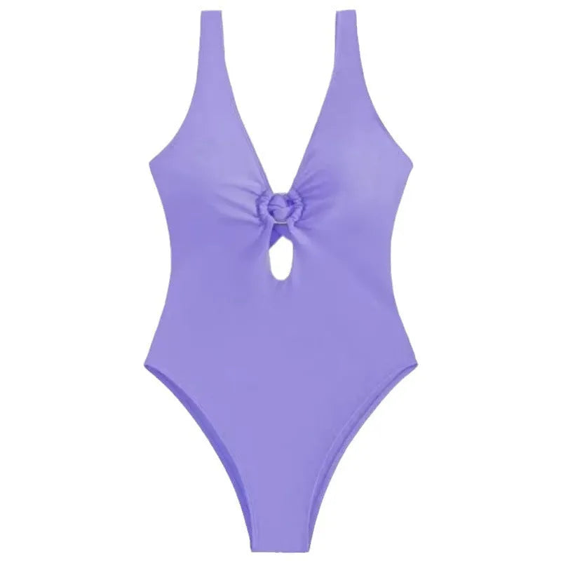 Women's solid colour one-piece swimsuit on a hanger, available in multiple colours.