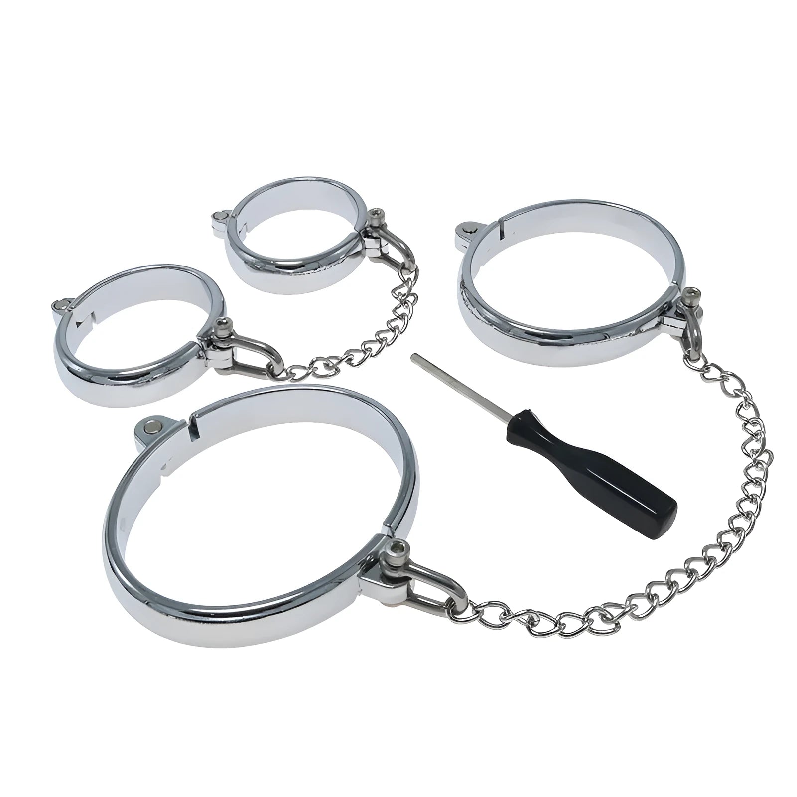 Silver zinc alloy handcuffs and footcuffs set with stainless steel watch bracelet styling