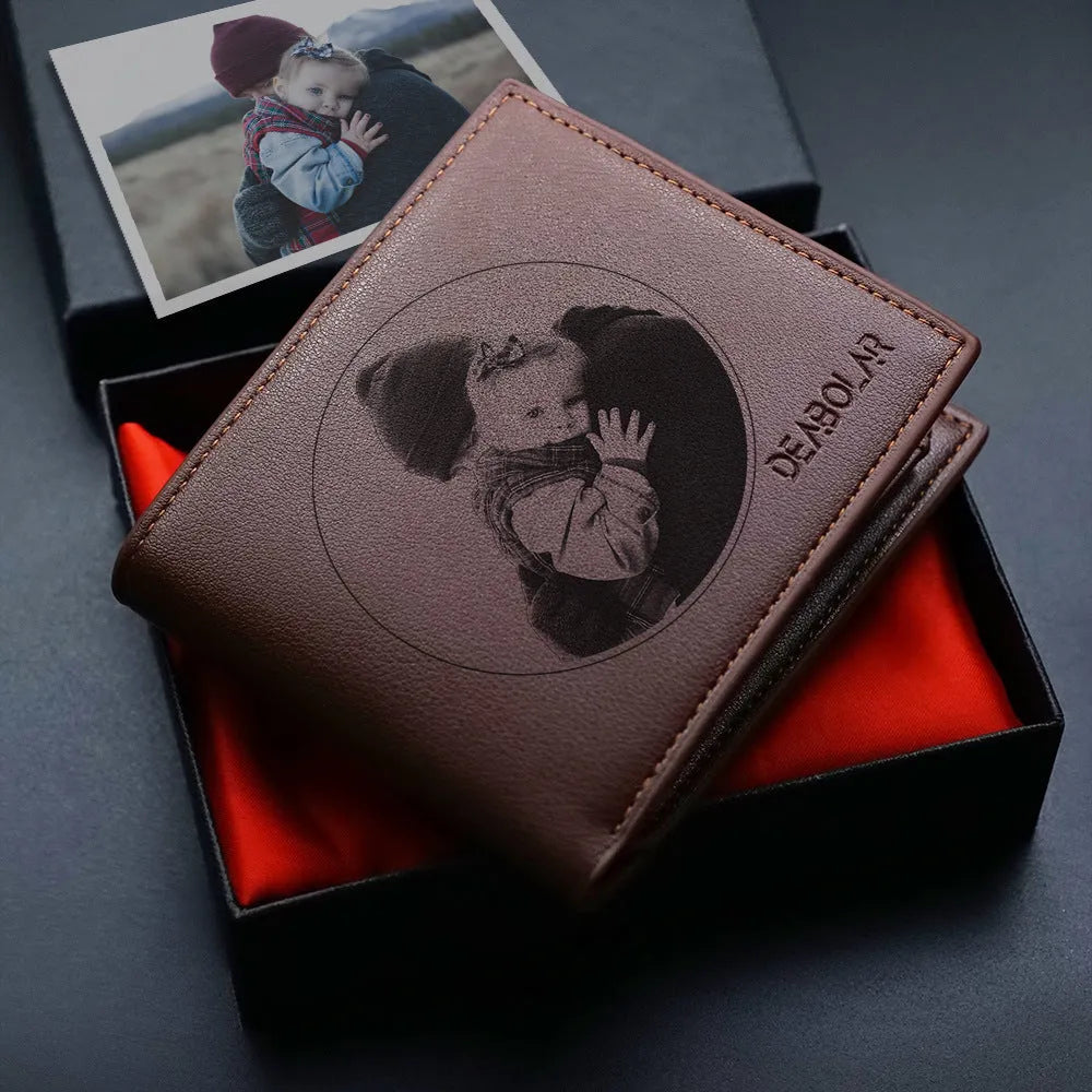 Men's leather wallet with a zipper closure, individually packaged for gift-giving.