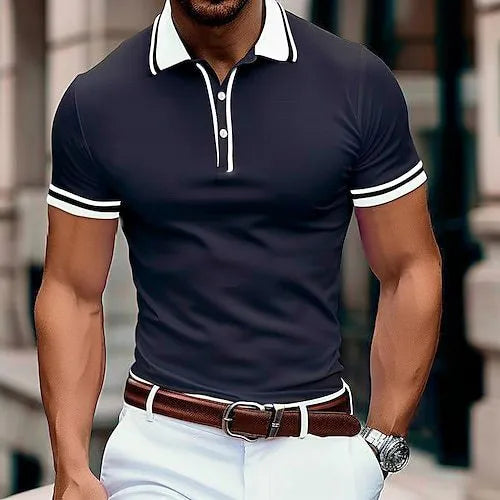 Men's loose fit stripe pattern summer T-shirt on hanger showing short sleeves and casual design