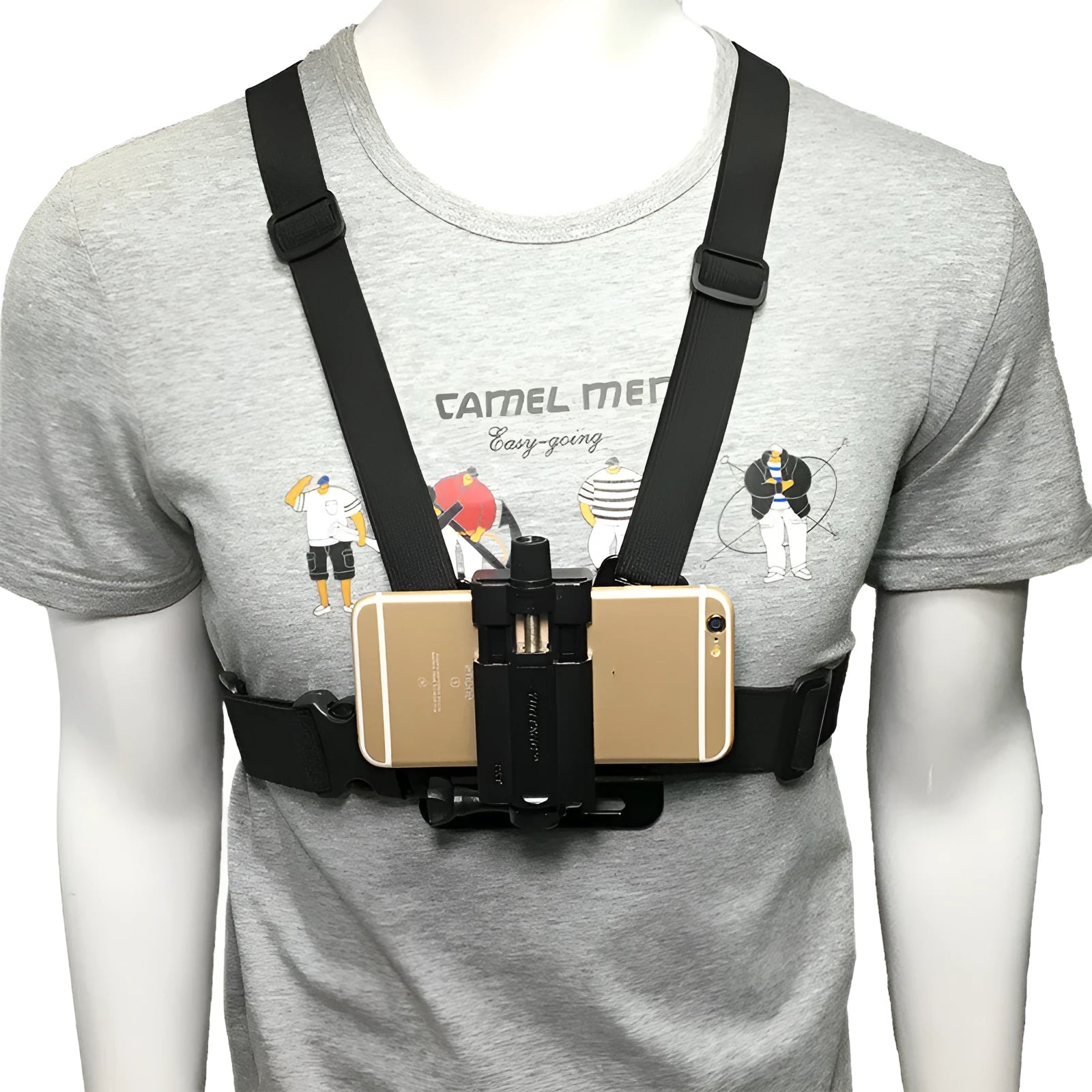 Black mobile phone chest mount harness on torso with adjustable straps and phone clip