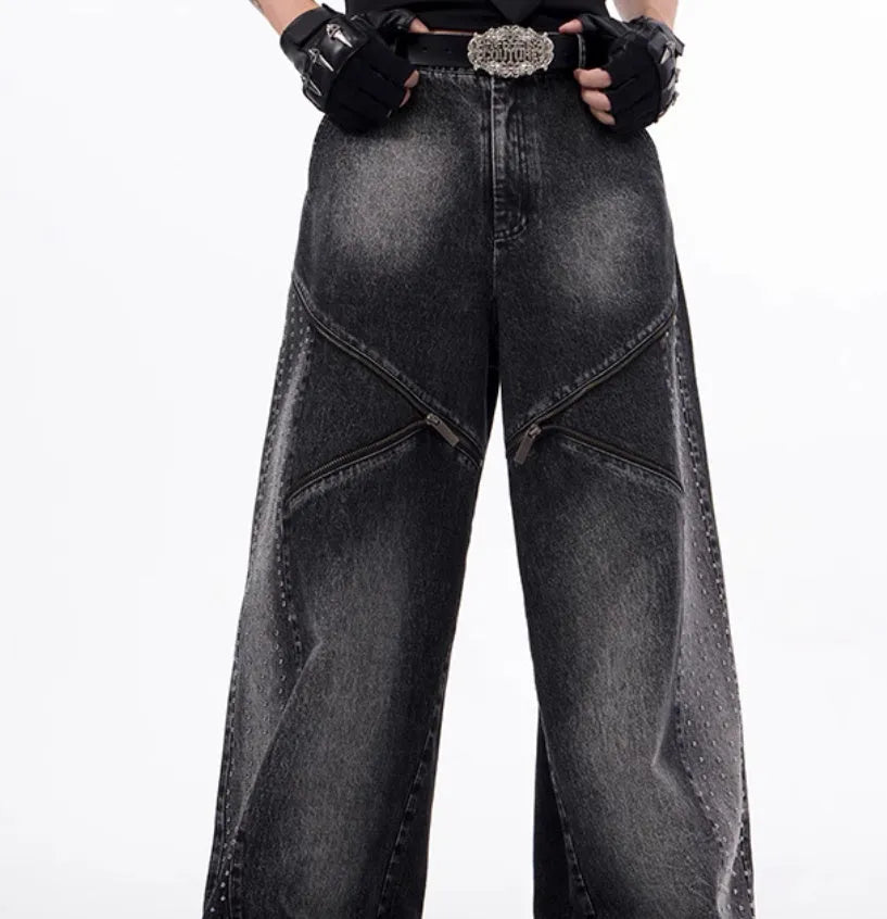 Korean style washed denim wide leg pants with matching waistcoat in black and grey colour
