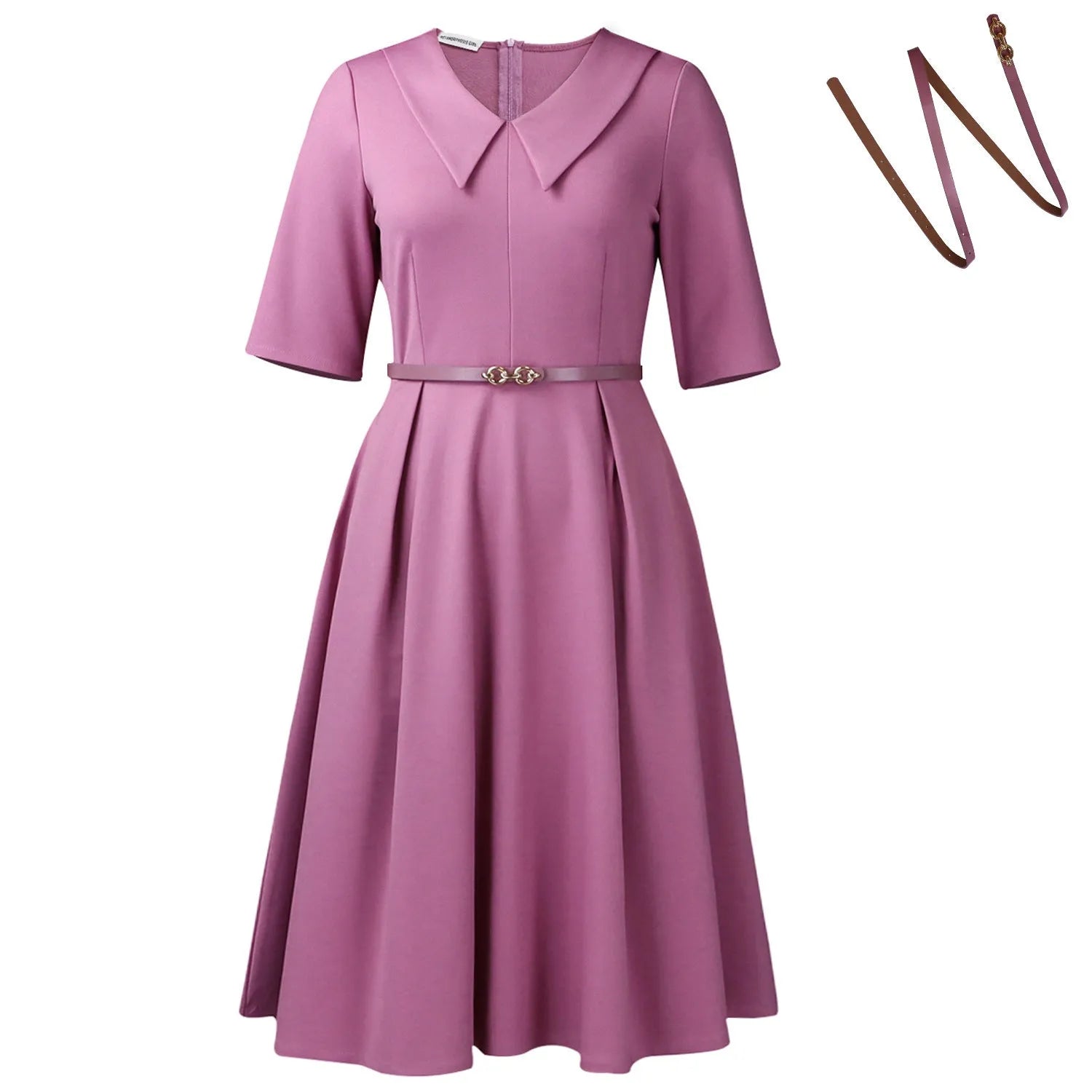 Solid colour African dress with half sleeves and a matching belt, shown on a hanger.